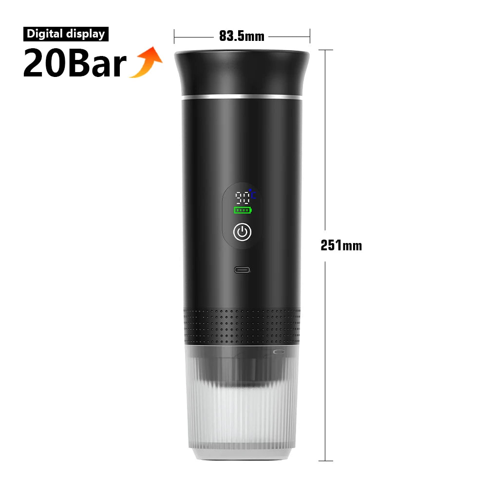 Black portable pressurized water bottle with digital display and measurements on a white background
