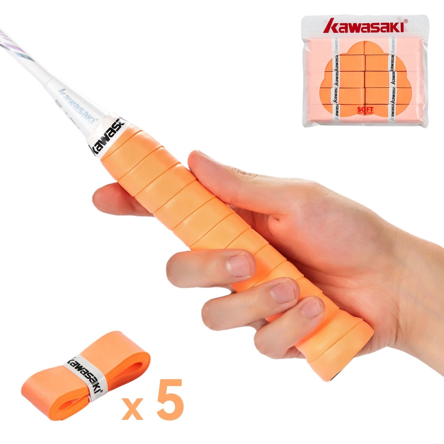 Hand holding an orange tennis racket grip with Kawasaki packaging and additional grips on a white background