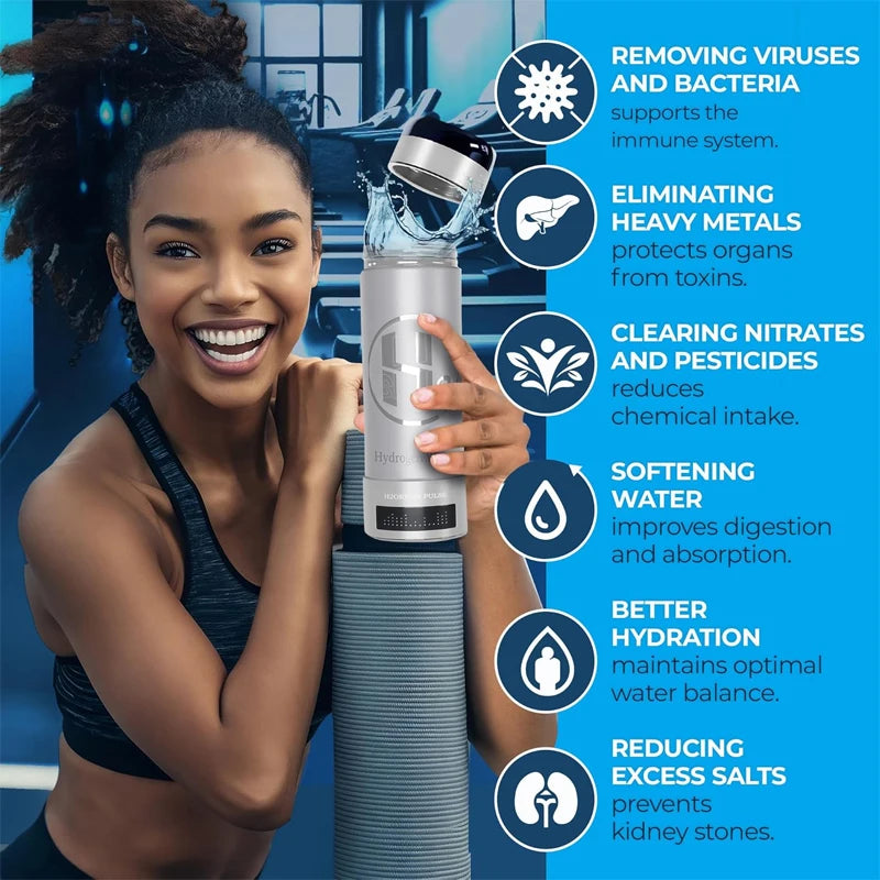 Woman holding a water filtration device with health benefits listed on a blue background