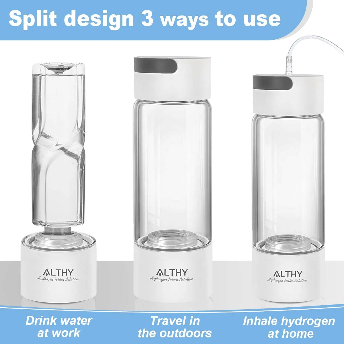 Clear water bottle with ALTHY branding on a white background