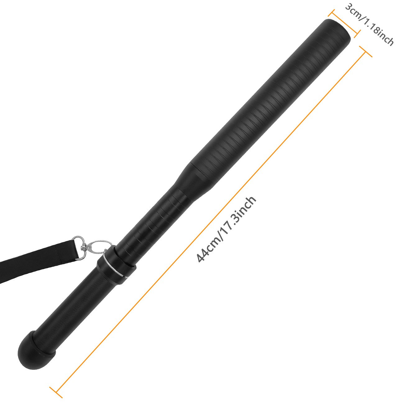 Black baton with measurement details on a white background