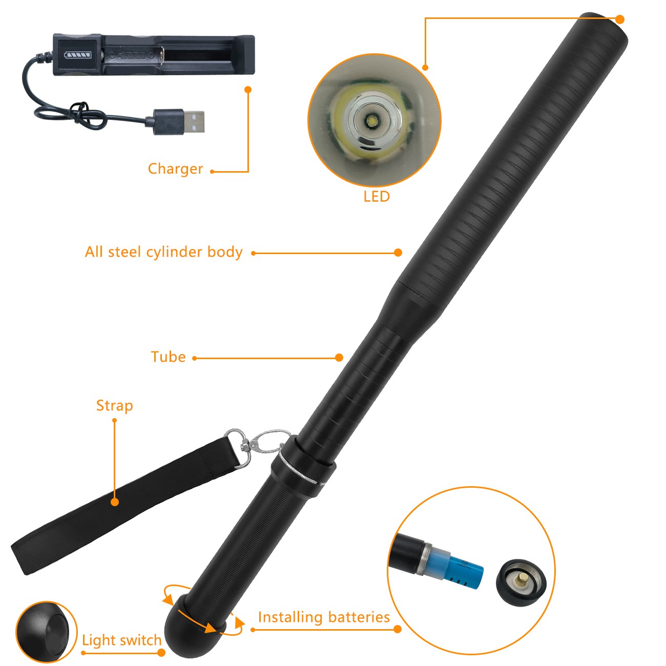 Black baton with labeled parts on a white background