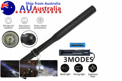 Black flashlight with features and accessories on a white background