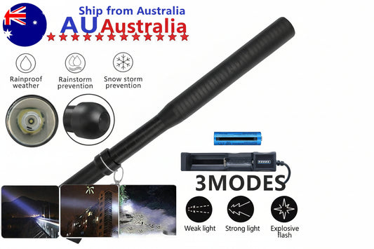 Black flashlight with features and accessories on a white background