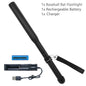 Black baseball bat flashlight with battery and charger on a white background